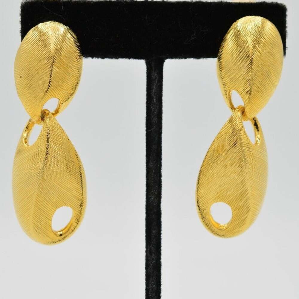 Les Bernard Vogue Vintage Clip On Earrings Dangle Brushed Gold VO Signed 80s 9L